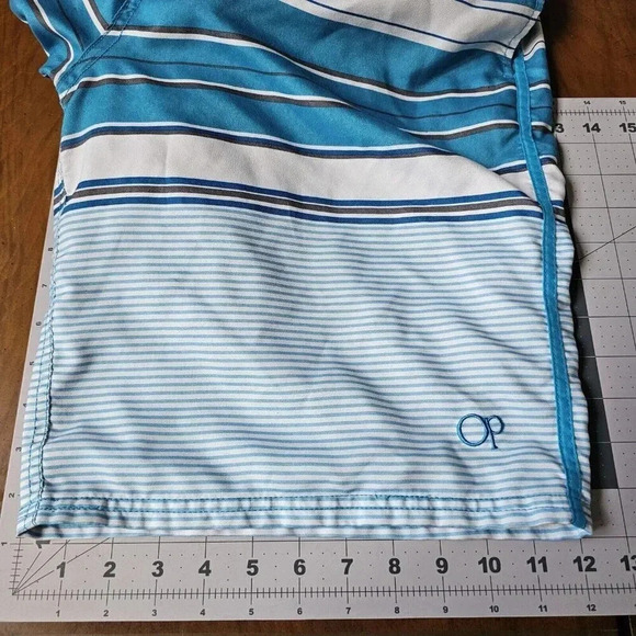OP Men’s Medium 32 34 Swim Shorts Blue Surf Board Trunks Pockets Striped Grey - Picture 4 of 8